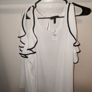 (1) White with black trim frilly long sleeve business casual shirt.